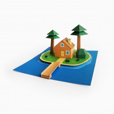 House on an Island with Pine Trees